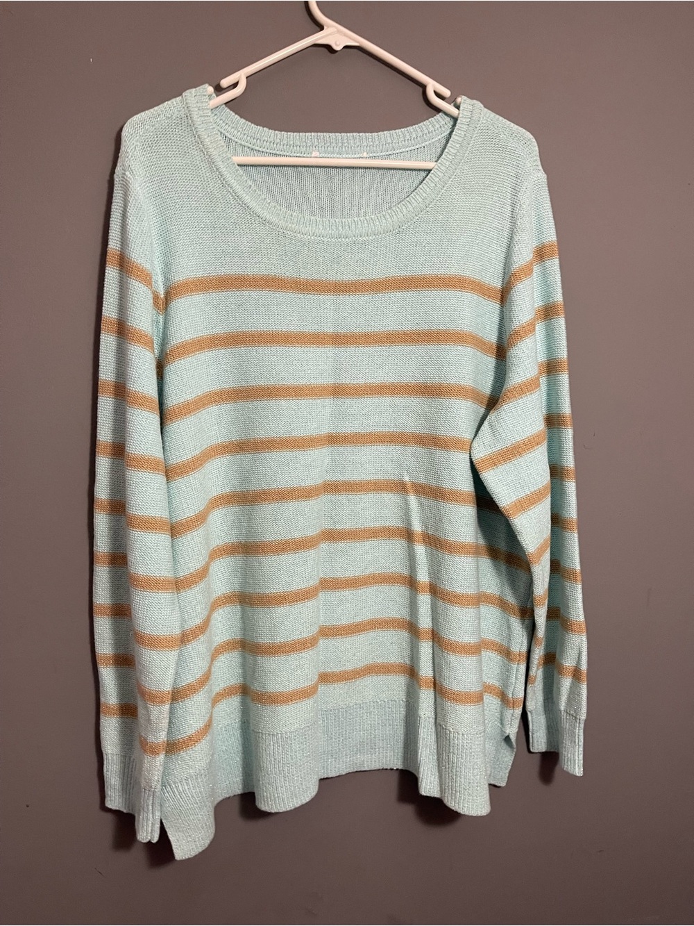 Belle by Kim Gravel Light Mint & Tan Striped Women’s Sweater size XL
